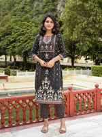 Thumbnail for Juniper Women's Black Viscose Rayon Printed Kurta Set - Distacart