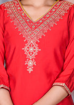 Thumbnail for Juniper Women's Red Zari Embroidered Viscose Kurta Set With Mirror Work - Distacart