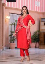 Thumbnail for Juniper Women's Red Zari Embroidered Viscose Kurta Set With Mirror Work - Distacart