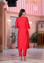 Thumbnail for Juniper Women's Red Zari Embroidered Viscose Kurta Set With Mirror Work - Distacart