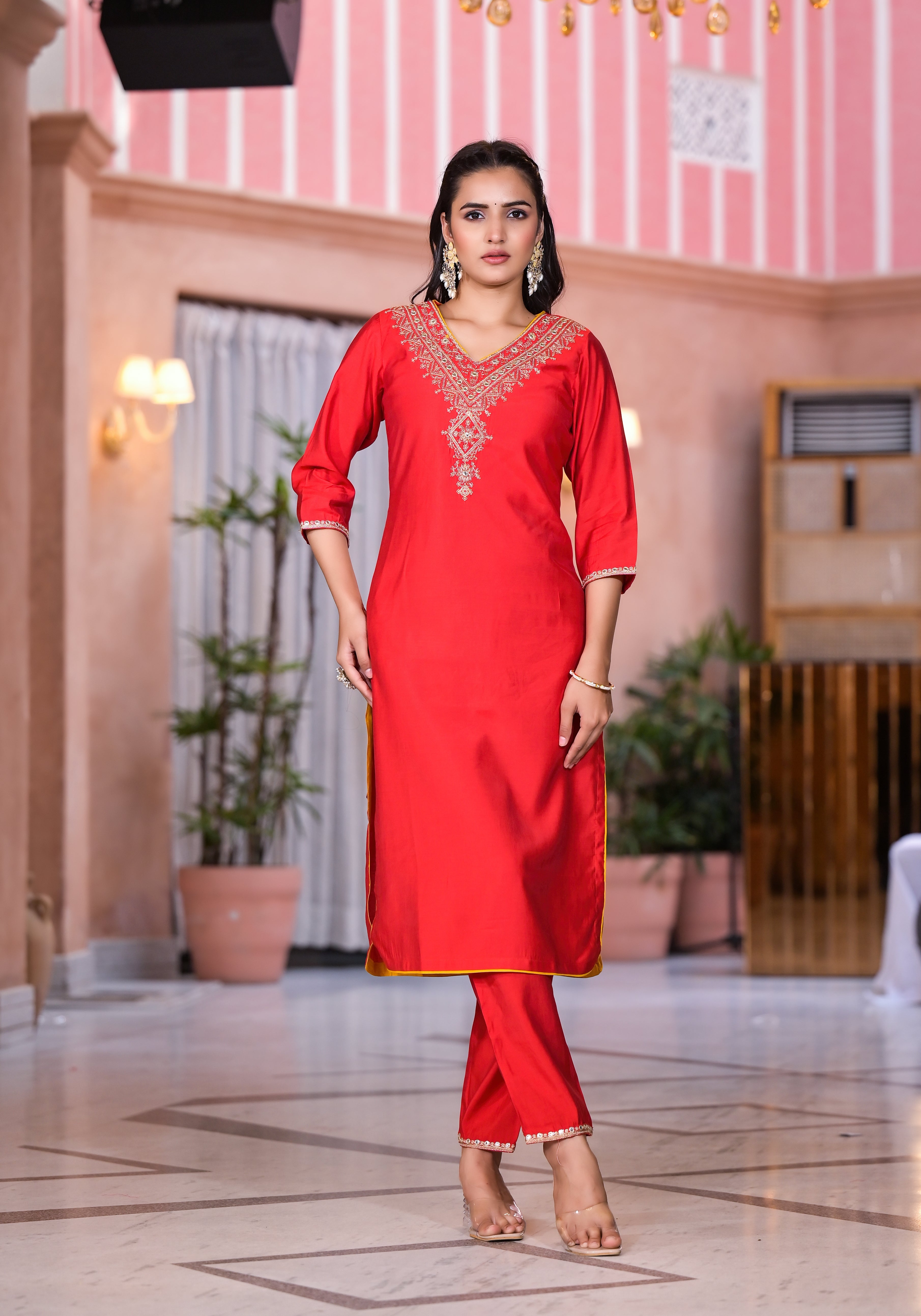 Juniper Women's Red Zari Embroidered Viscose Kurta Set With Mirror Work - Distacart
