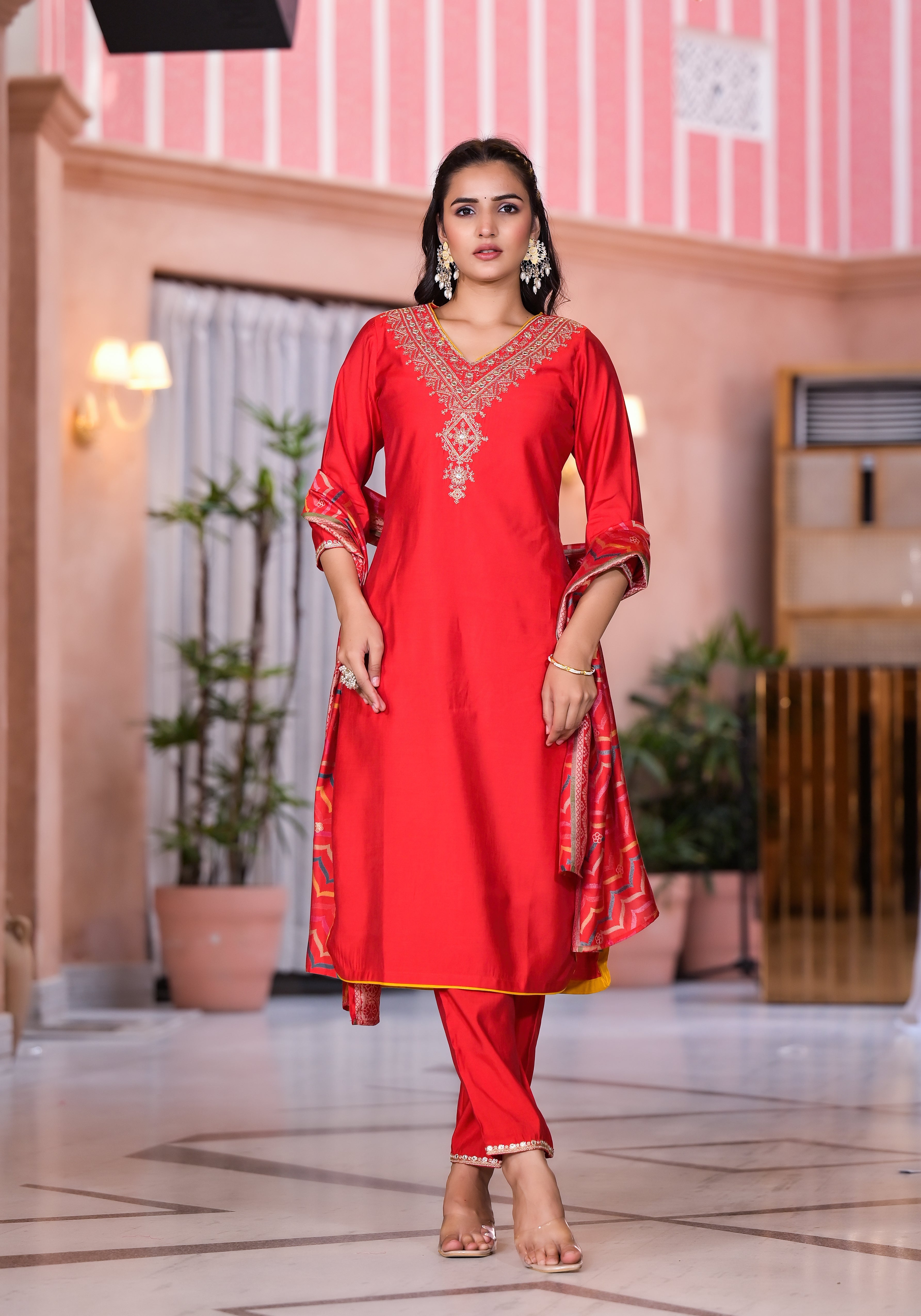 Juniper Women's Red Zari Embroidered Viscose Kurta Set With Mirror Work - Distacart