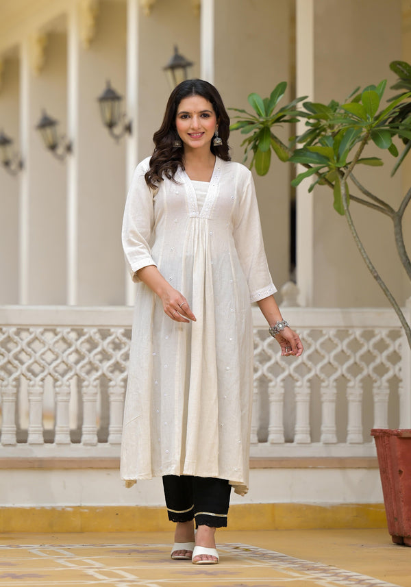 Juniper Off-White Solid Kurta With Mirror Work - Distacart