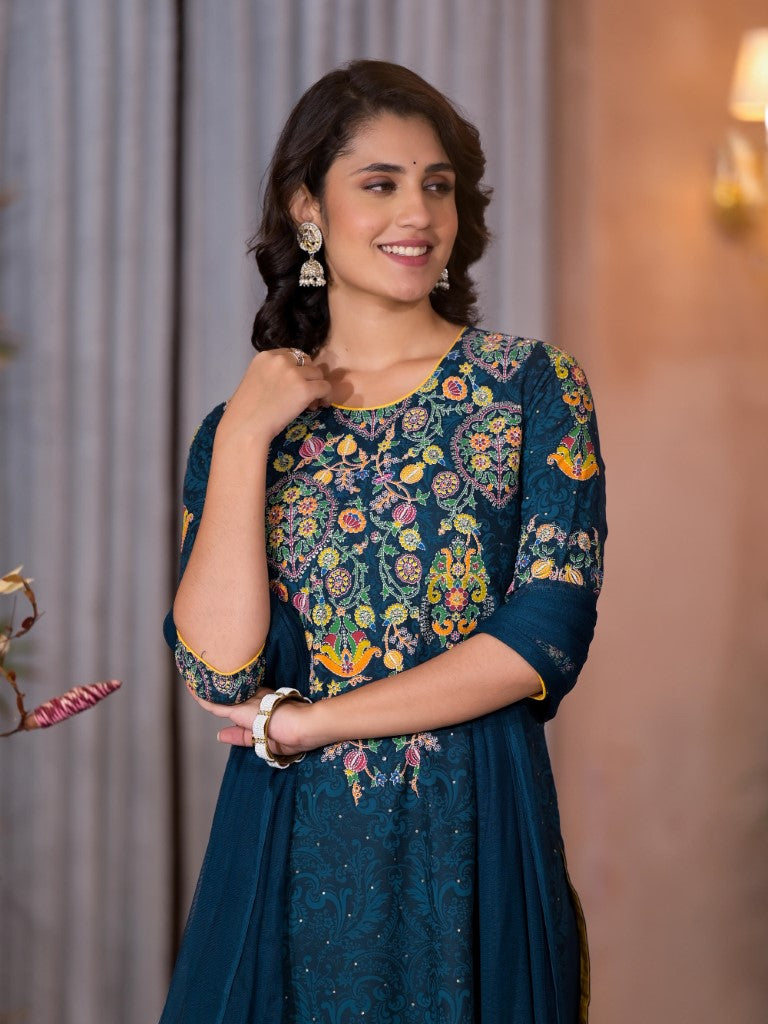 Juniper Women's Navy Thread Embroidered Liva Rayon Kurta Pant And Dupatta Set With Sequins Beads & Lace - Distacart