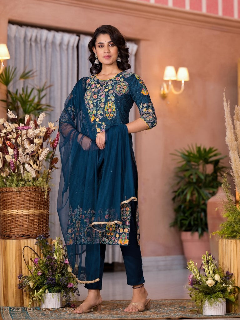 Juniper Women's Navy Thread Embroidered Liva Rayon Kurta Pant And Dupatta Set With Sequins Beads & Lace - Distacart