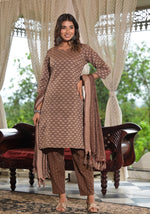 Thumbnail for Juniper Women's Brown Geometric Printed Cotton Kurta Pant Set With Tassels On Dupatta - Distacart
