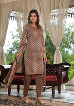 Thumbnail for Juniper Women's Brown Geometric Printed Cotton Kurta Pant Set With Tassels On Dupatta - Distacart