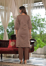Thumbnail for Juniper Women's Brown Geometric Printed Cotton Kurta Pant Set With Tassels On Dupatta - Distacart