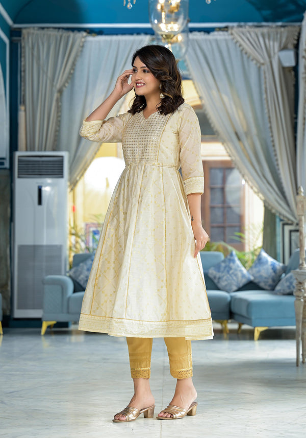 Juniper Ivory Ethnic Motif Printed Chanderi Kurta With Zari & Gota Patti Work - Distacart