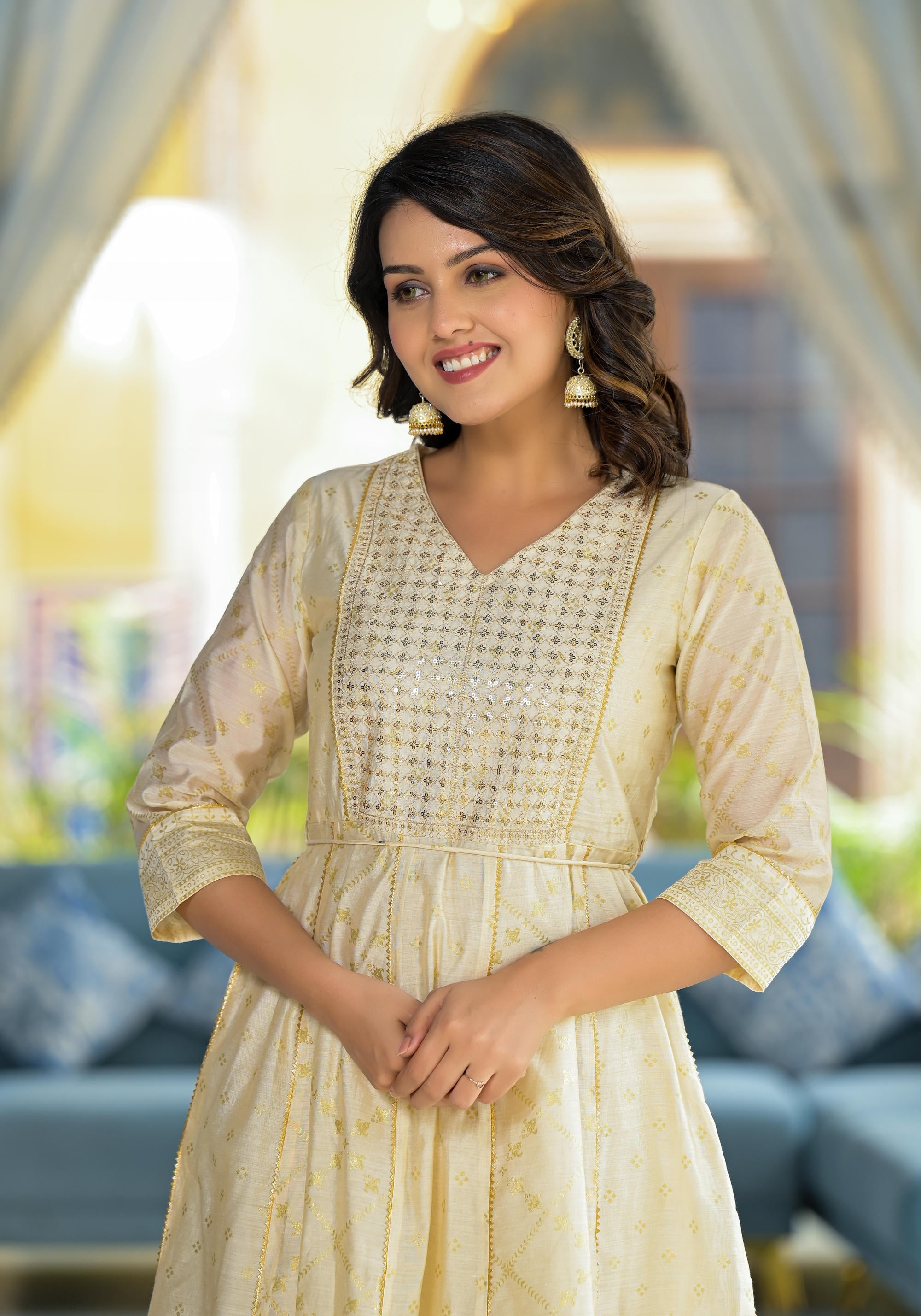 Juniper Ivory Ethnic Motif Printed Chanderi Kurta With Zari & Gota Patti Work - Distacart