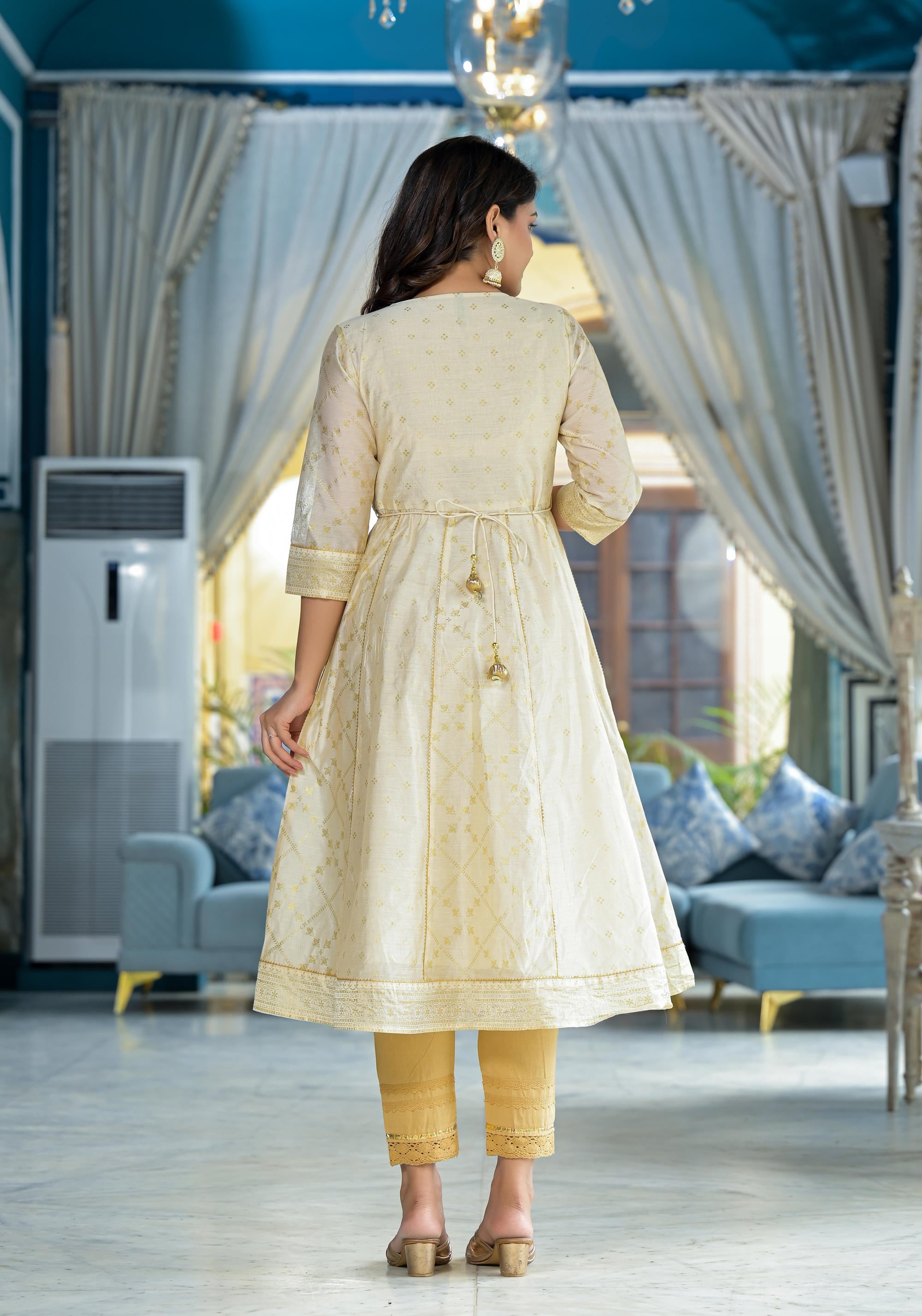 Juniper Ivory Ethnic Motif Printed Chanderi Kurta With Zari & Gota Patti Work - Distacart