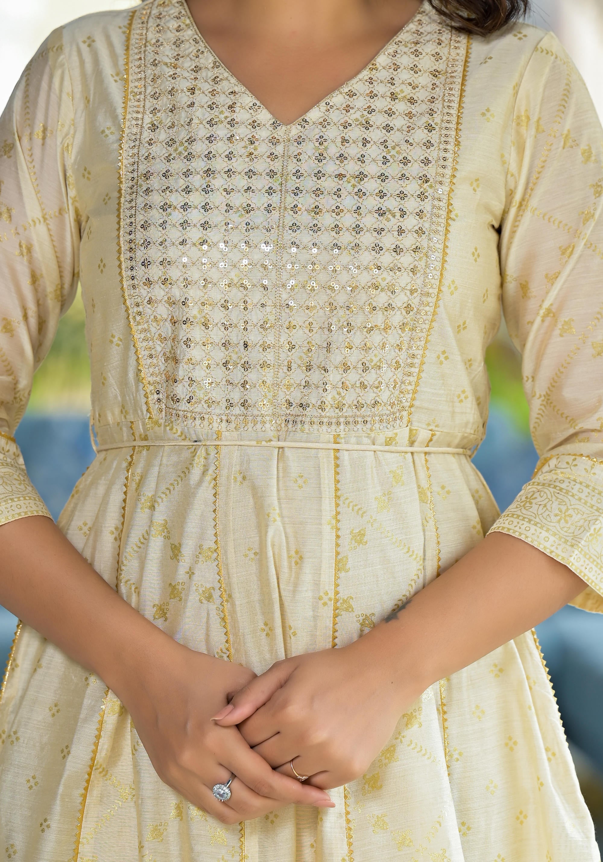 Juniper Ivory Ethnic Motif Printed Chanderi Kurta With Zari & Gota Patti Work - Distacart