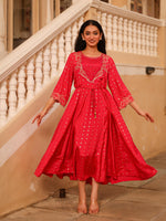 Thumbnail for Juniper The Swarn Fuchsia Ethnic Motif Printed Viscose Dress With Dori & Zari Work - Distacart