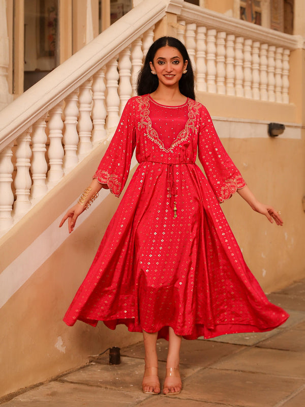 Juniper The Swarn Fuchsia Ethnic Motif Printed Viscose Dress With Dori & Zari Work - Distacart