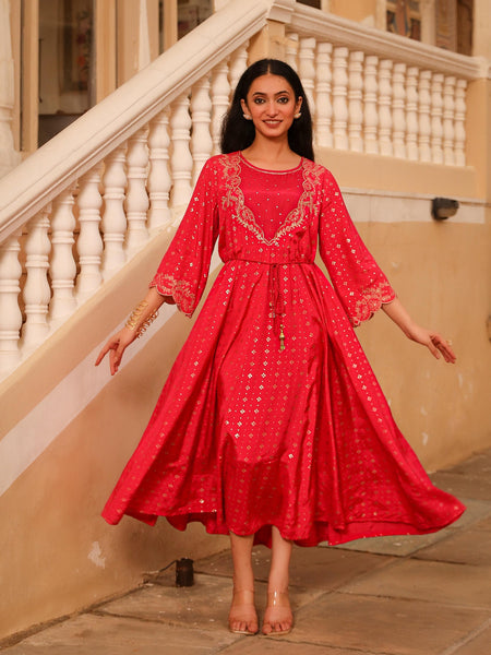 Juniper The Swarn Fuchsia Ethnic Motif Printed Viscose Dress With Dori & Zari Work - Distacart
