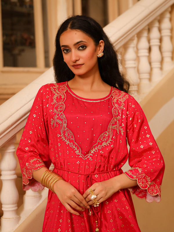 Juniper The Swarn Fuchsia Ethnic Motif Printed Viscose Dress With Dori & Zari Work - Distacart