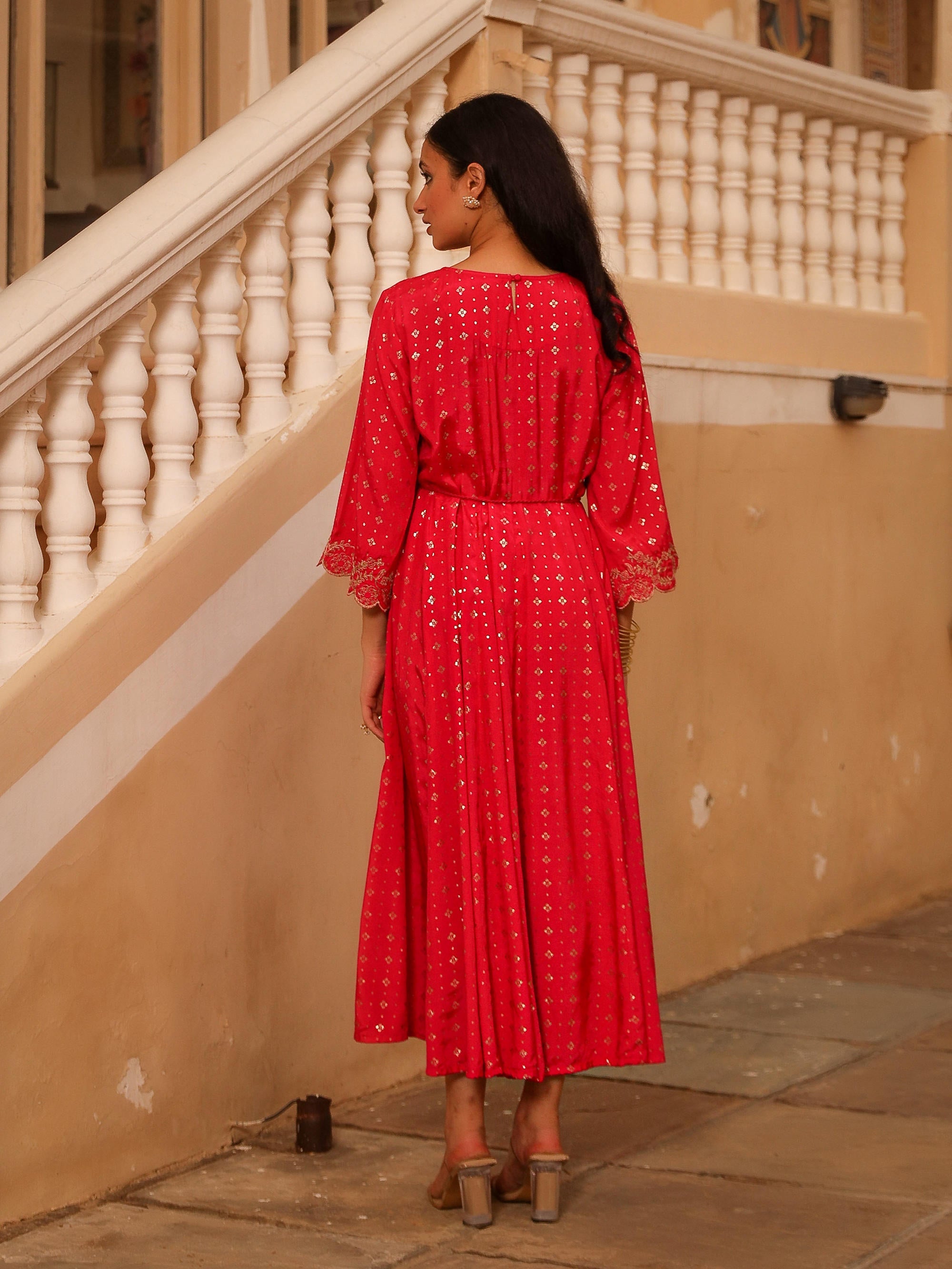 Juniper The Swarn Fuchsia Ethnic Motif Printed Viscose Dress With Dori & Zari Work - Distacart