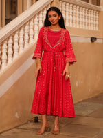 Thumbnail for Juniper The Swarn Fuchsia Ethnic Motif Printed Viscose Dress With Dori & Zari Work - Distacart