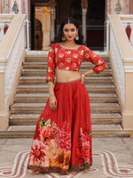 Thumbnail for Juniper The Adah Rust Floral Printed Viscose Top & Skirt Set With Sequins & Thread Work - Distacart