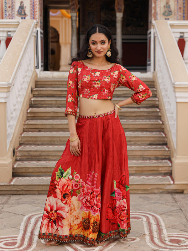 Juniper The Adah Rust Floral Printed Viscose Top & Skirt Set With Sequins & Thread Work - Distacart