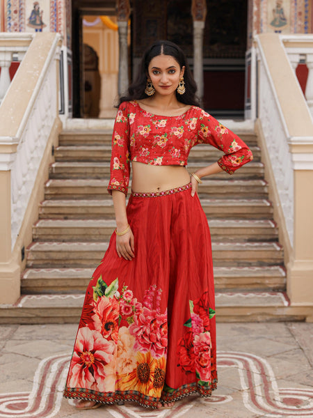 Juniper The Adah Rust Floral Printed Viscose Top & Skirt Set With Sequins & Thread Work - Distacart