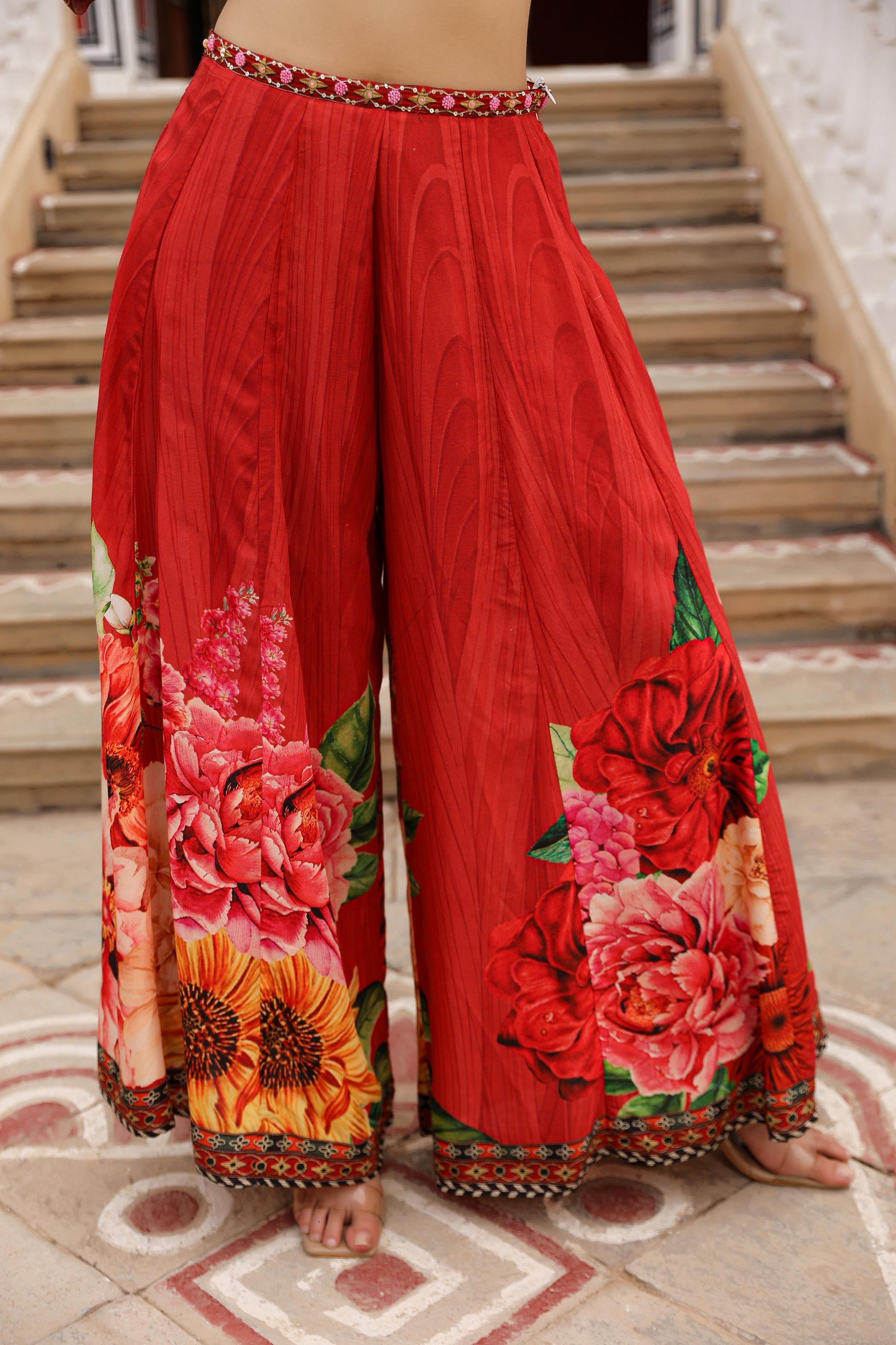 Juniper The Adah Rust Floral Printed Viscose Top & Skirt Set With Sequins & Thread Work - Distacart