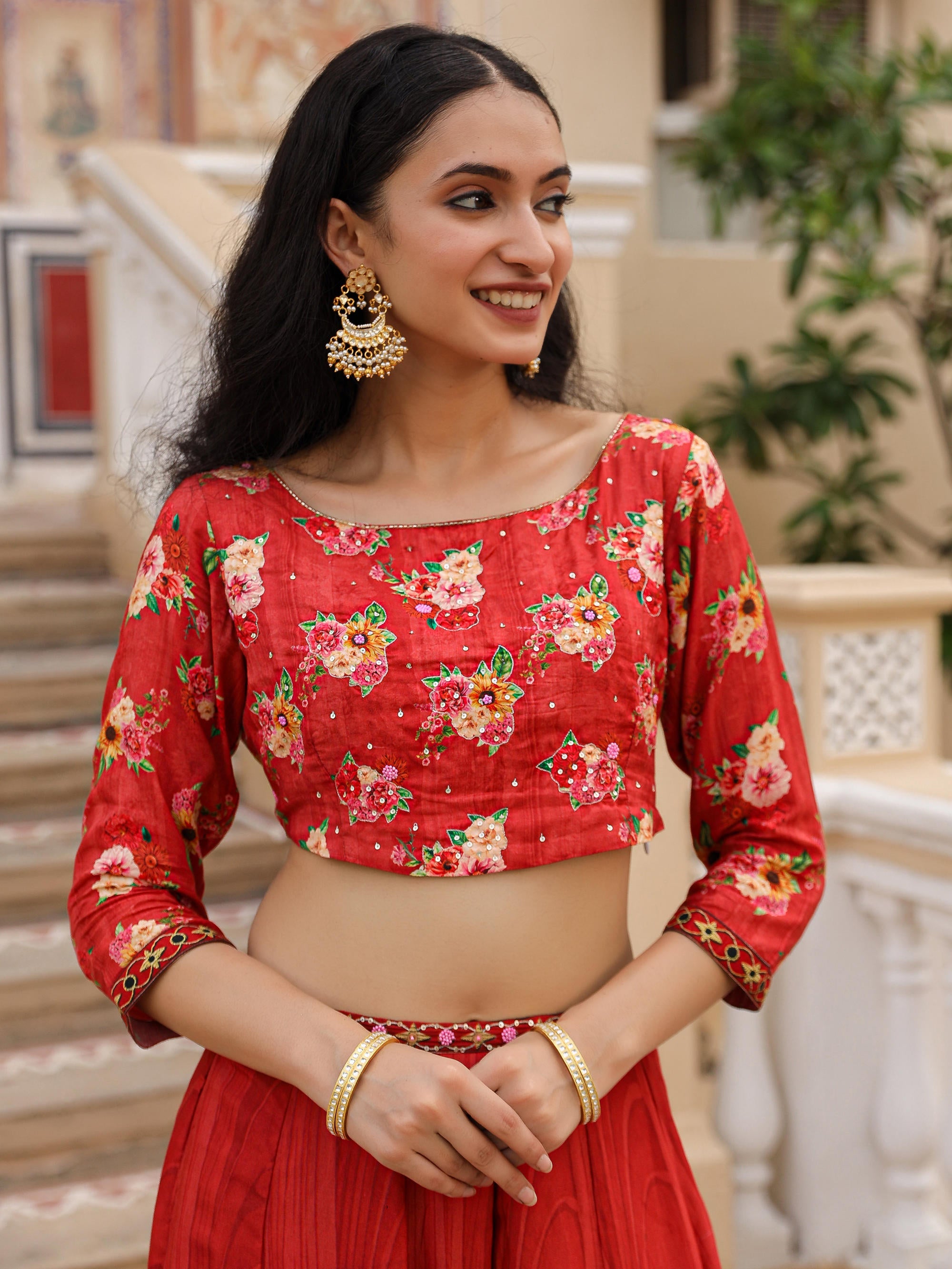 Juniper The Adah Rust Floral Printed Viscose Top & Skirt Set With Sequins & Thread Work - Distacart