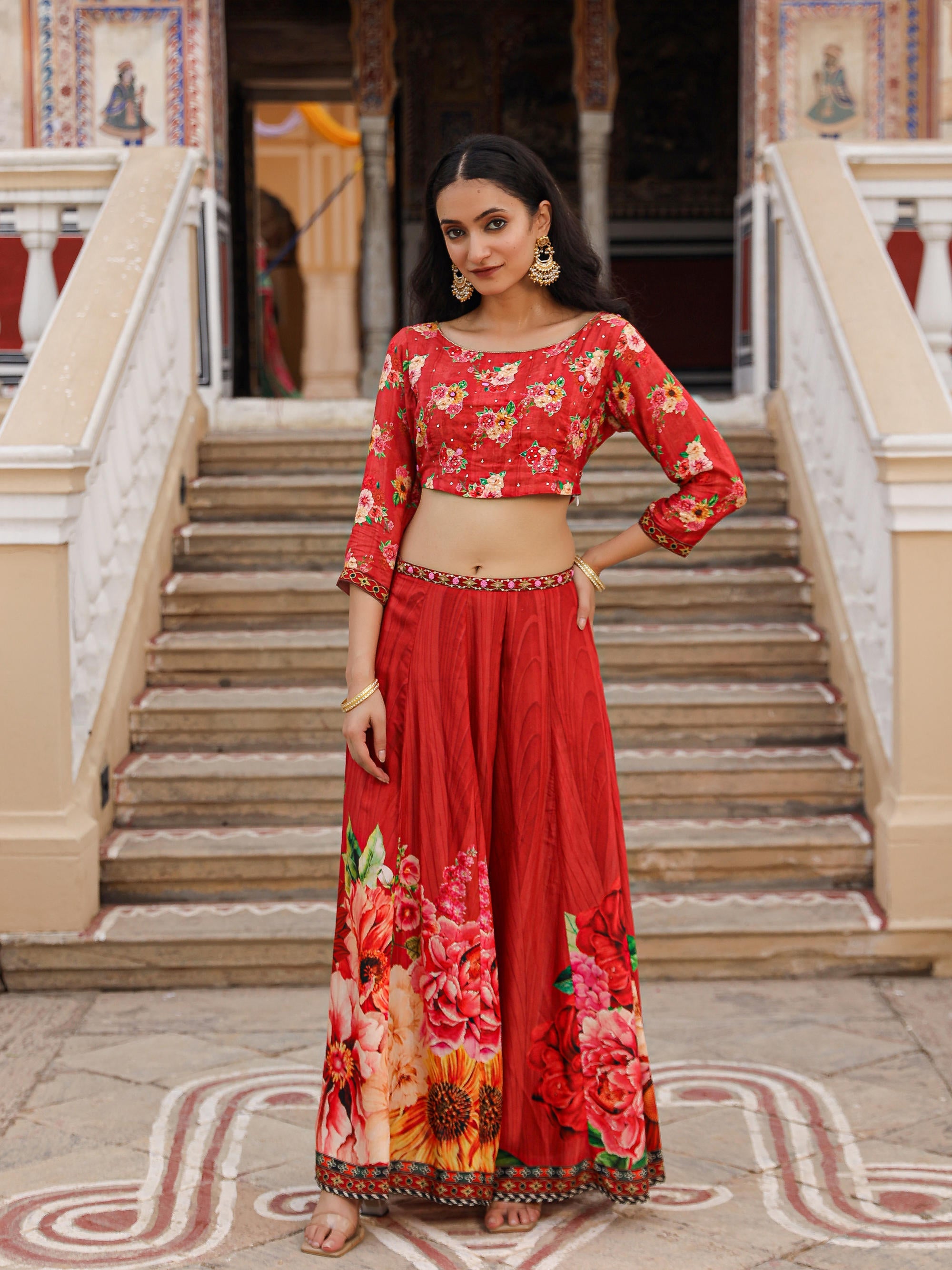 Juniper The Adah Rust Floral Printed Viscose Top & Skirt Set With Sequins & Thread Work - Distacart