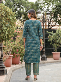 Thumbnail for Juniper Women's Green Ethnic Motif Printed Cotton Kurta, Pant And Dupatta Set With Zari Work & Sequins