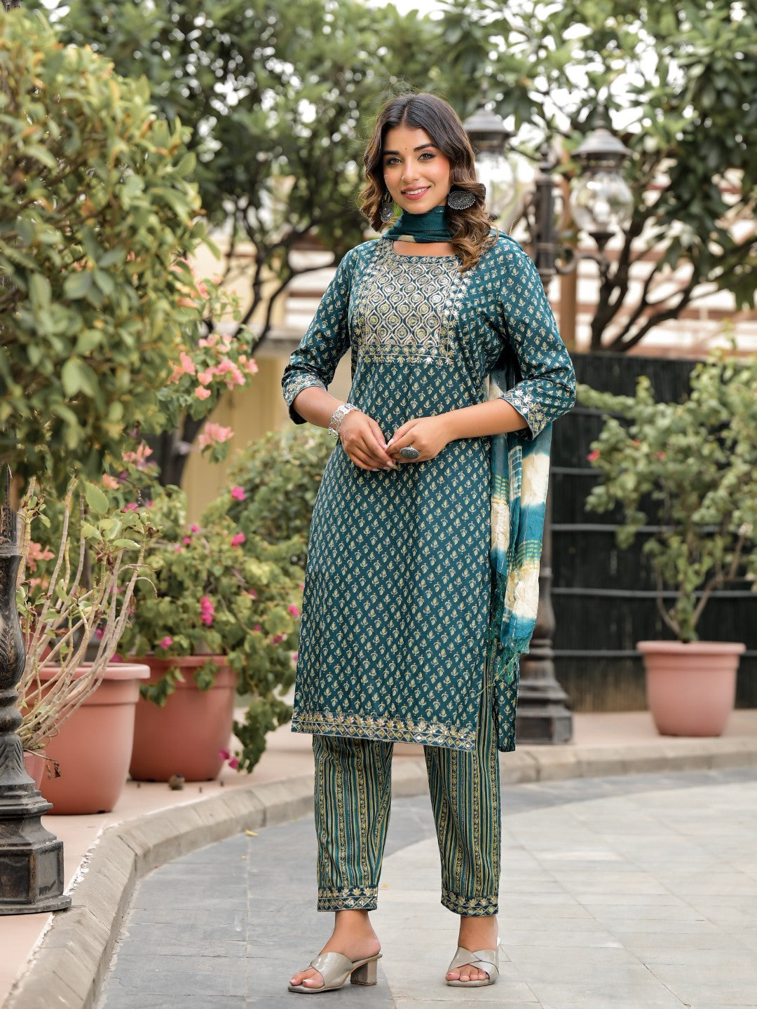 Juniper Women's Green Ethnic Motif Printed Cotton Kurta, Pant And Dupatta Set With Zari Work & Sequins