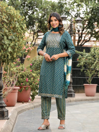 Thumbnail for Juniper Women's Green Ethnic Motif Printed Cotton Kurta, Pant And Dupatta Set With Zari Work & Sequins