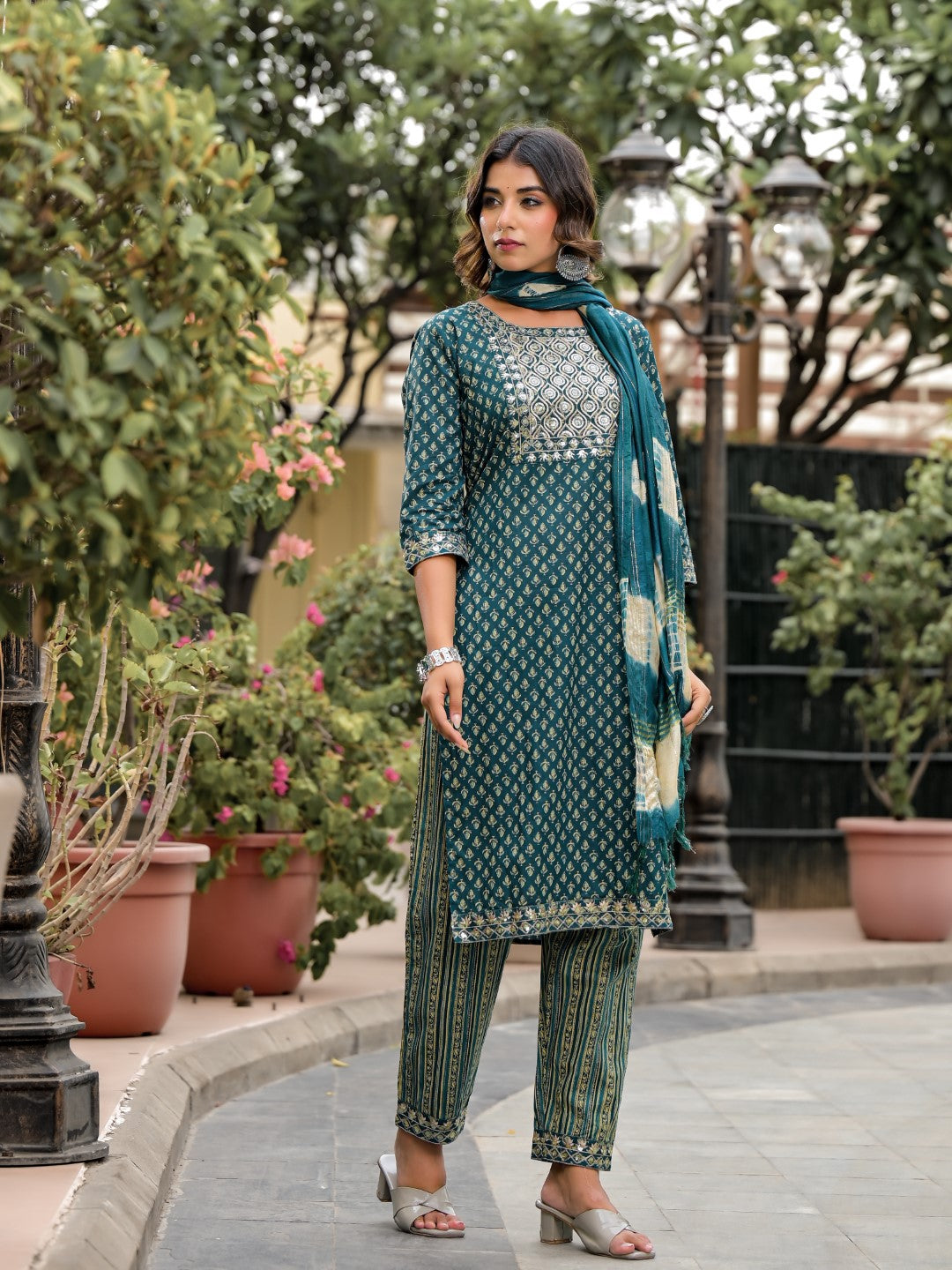 Juniper Women's Green Ethnic Motif Printed Cotton Kurta, Pant And Dupatta Set With Zari Work & Sequins