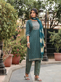 Thumbnail for Juniper Women's Green Ethnic Motif Printed Cotton Kurta, Pant And Dupatta Set With Zari Work & Sequins