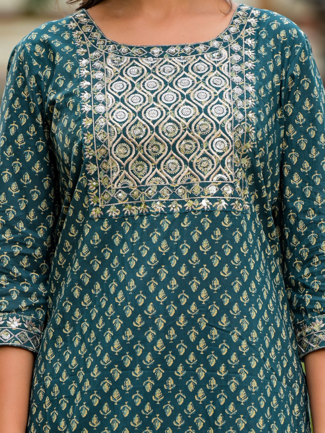 Juniper Women's Green Ethnic Motif Printed Cotton Kurta, Pant And Dupatta Set With Zari Work & Sequins