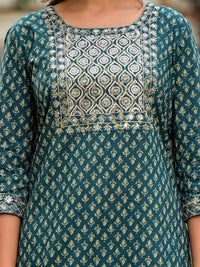 Thumbnail for Juniper Women's Green Ethnic Motif Printed Cotton Kurta, Pant And Dupatta Set With Zari Work & Sequins