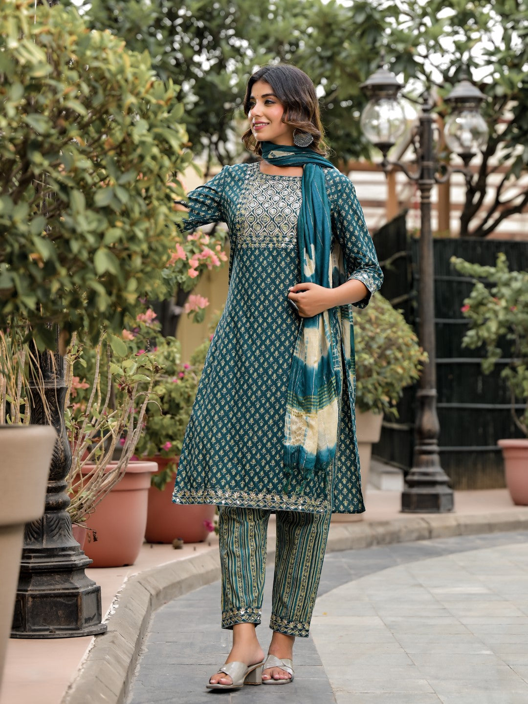Juniper Women's Green Ethnic Motif Printed Cotton Kurta, Pant And Dupatta Set With Zari Work & Sequins