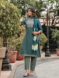 Thumbnail for Juniper Women's Green Ethnic Motif Printed Cotton Kurta, Pant And Dupatta Set With Zari Work & Sequins