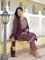 Thumbnail for Juniper Women's Wine Ethnic Motif Printed Cotton Kurta, Pant And Dupatta Set With Zari Work & Sequins - Distacart