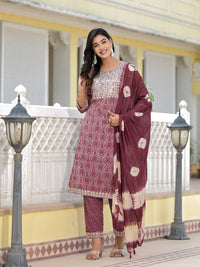 Thumbnail for Juniper Women's Wine Ethnic Motif Printed Cotton Kurta, Pant And Dupatta Set With Zari Work & Sequins