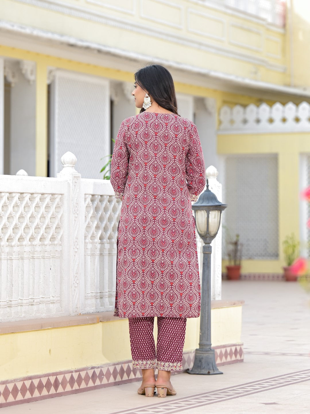 Juniper Women's Wine Ethnic Motif Printed Cotton Kurta, Pant And Dupatta Set With Zari Work & Sequins