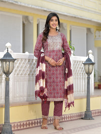 Thumbnail for Juniper Women's Wine Ethnic Motif Printed Cotton Kurta, Pant And Dupatta Set With Zari Work & Sequins