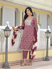 Thumbnail for Juniper Women's Wine Ethnic Motif Printed Cotton Kurta, Pant And Dupatta Set With Zari Work & Sequins