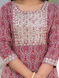 Thumbnail for Juniper Women's Wine Ethnic Motif Printed Cotton Kurta, Pant And Dupatta Set With Zari Work & Sequins