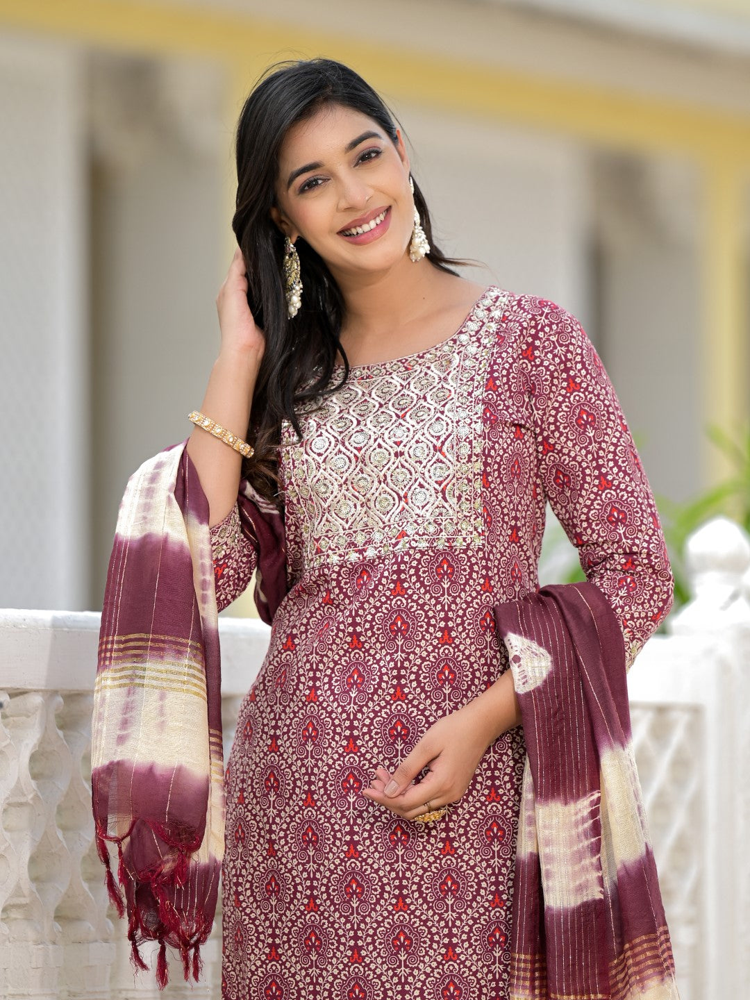 Juniper Women's Wine Ethnic Motif Printed Cotton Kurta, Pant And Dupatta Set With Zari Work & Sequins