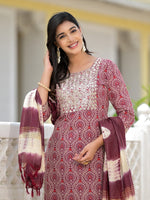Thumbnail for Juniper Women's Wine Ethnic Motif Printed Cotton Kurta, Pant And Dupatta Set With Zari Work & Sequins - Distacart