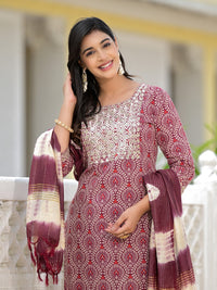 Thumbnail for Juniper Women's Wine Ethnic Motif Printed Cotton Kurta, Pant And Dupatta Set With Zari Work & Sequins