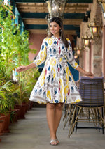 Thumbnail for Juniper Women's Yellow Ikat Printed Liva Rayon Dress With Tie-Ups & Button Closure - Distacart