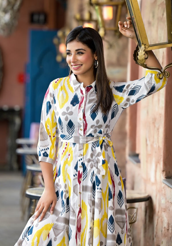 Juniper Women's Yellow Ikat Printed Liva Rayon Dress With Tie-Ups & Button Closure - Distacart