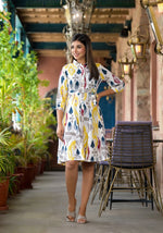 Thumbnail for Juniper Women's Yellow Ikat Printed Liva Rayon Dress With Tie-Ups & Button Closure - Distacart