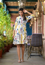 Thumbnail for Juniper Women's Yellow Ikat Printed Liva Rayon Dress With Tie-Ups & Button Closure - Distacart